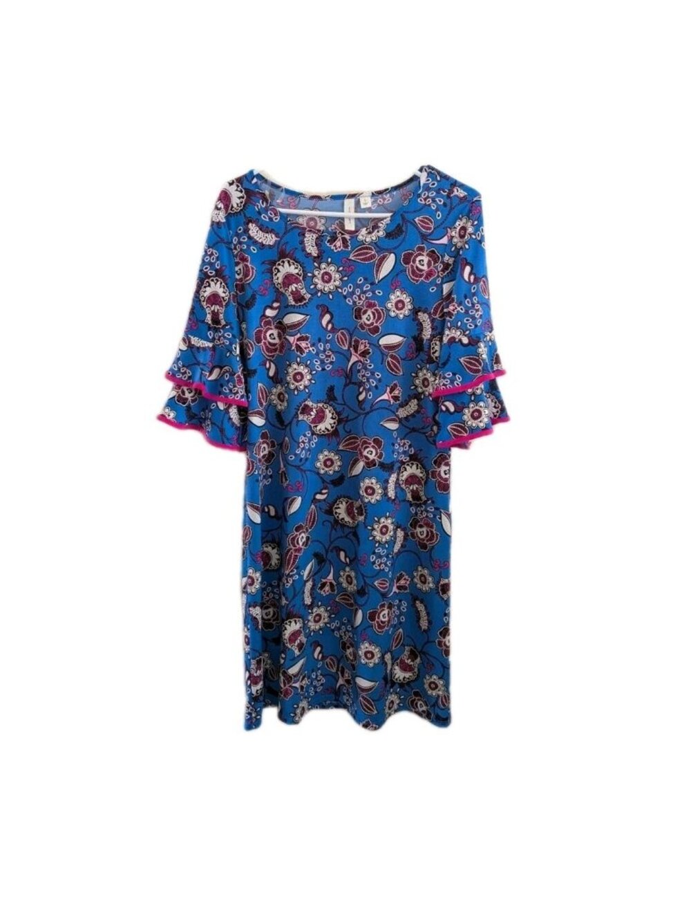 Tacera Floral Paisley Shift Dress L Large Blue Tiered Ruffle Bell Sleeve Shift